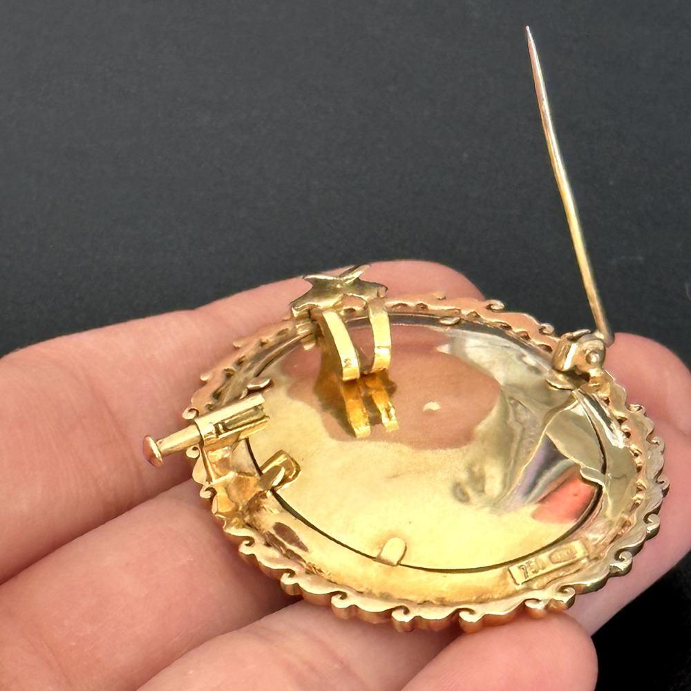 18K 750 Yellow Gold Antique Portrait Floral Scroll Framed Woman Pin Pendant - Picture 13 of 16